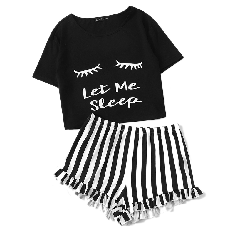 Women's Cute Black Striped Sleepwear Set