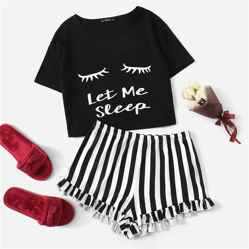 Women's Cute Black Striped Sleepwear Set