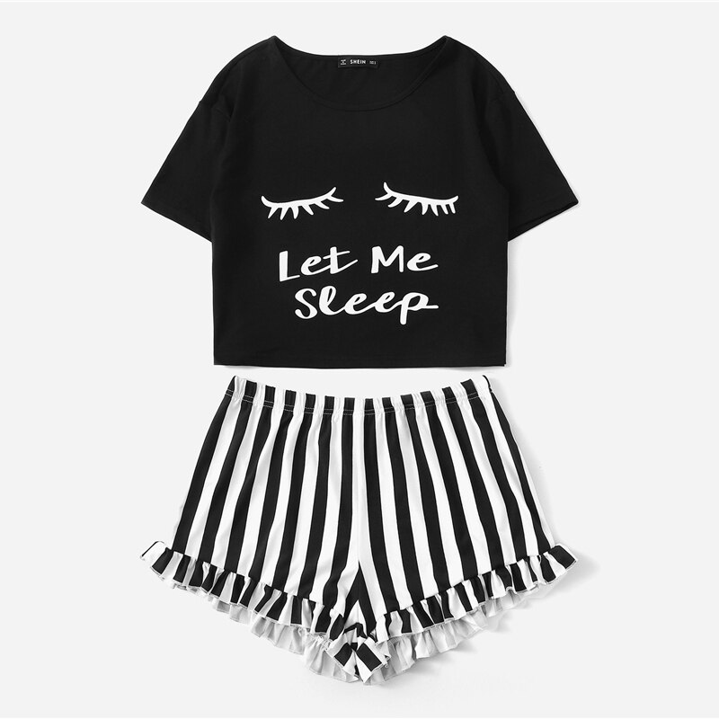 Women's Cute Black Striped Sleepwear Set